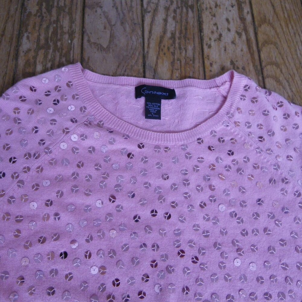 Women’s Cotton Silk Cashmere Blend Short Sleeved Sweater w/ Tons of Sequins - Picture 2 of 3